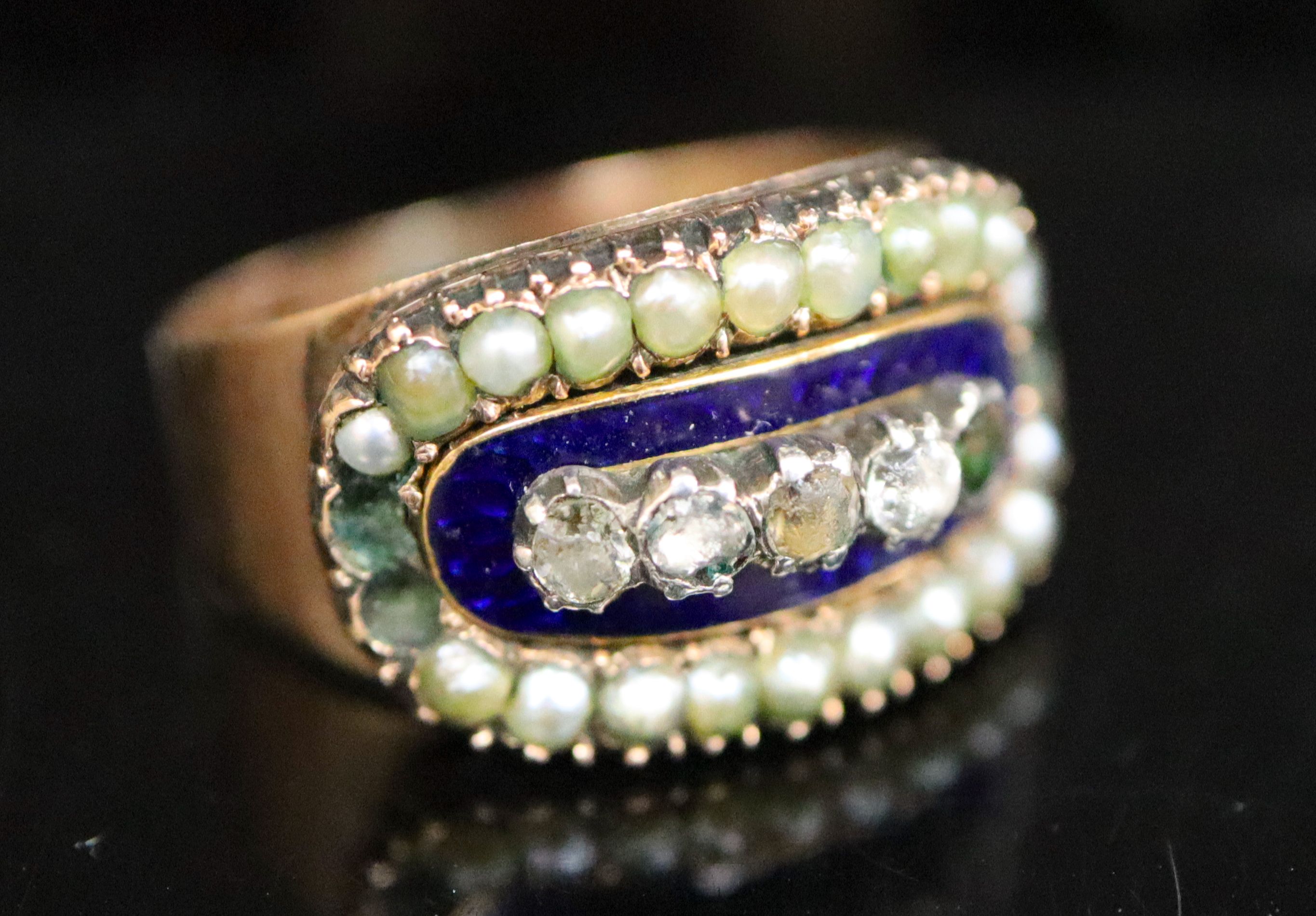 A Georgian gold, enamel, split pearl and gem set cluster ring,